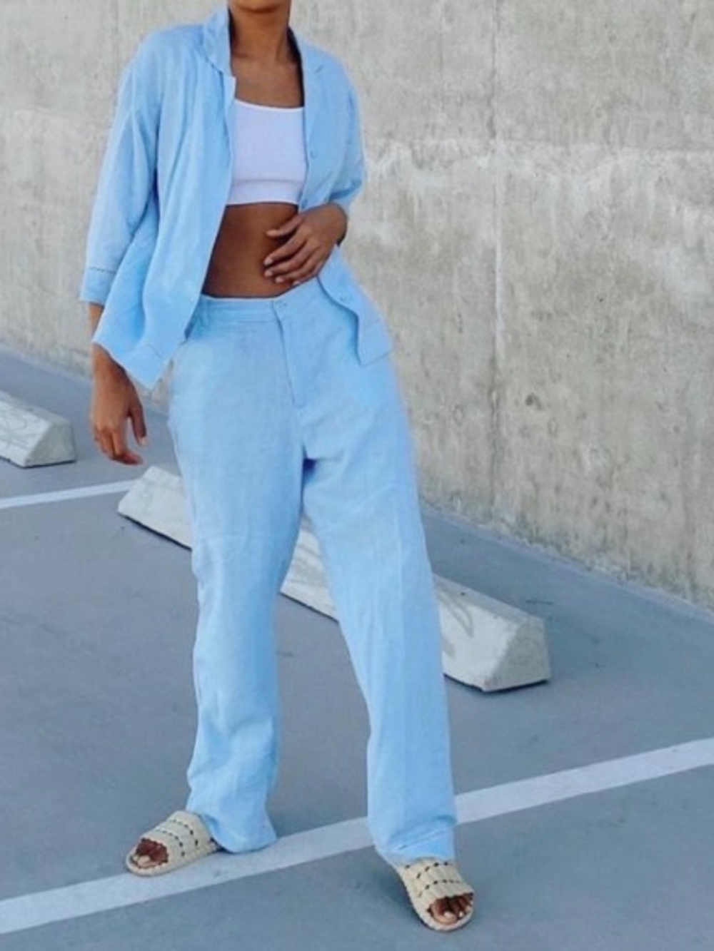 Vintage Marisa Linen Blend Pant Set Powder Blue Matching Set M